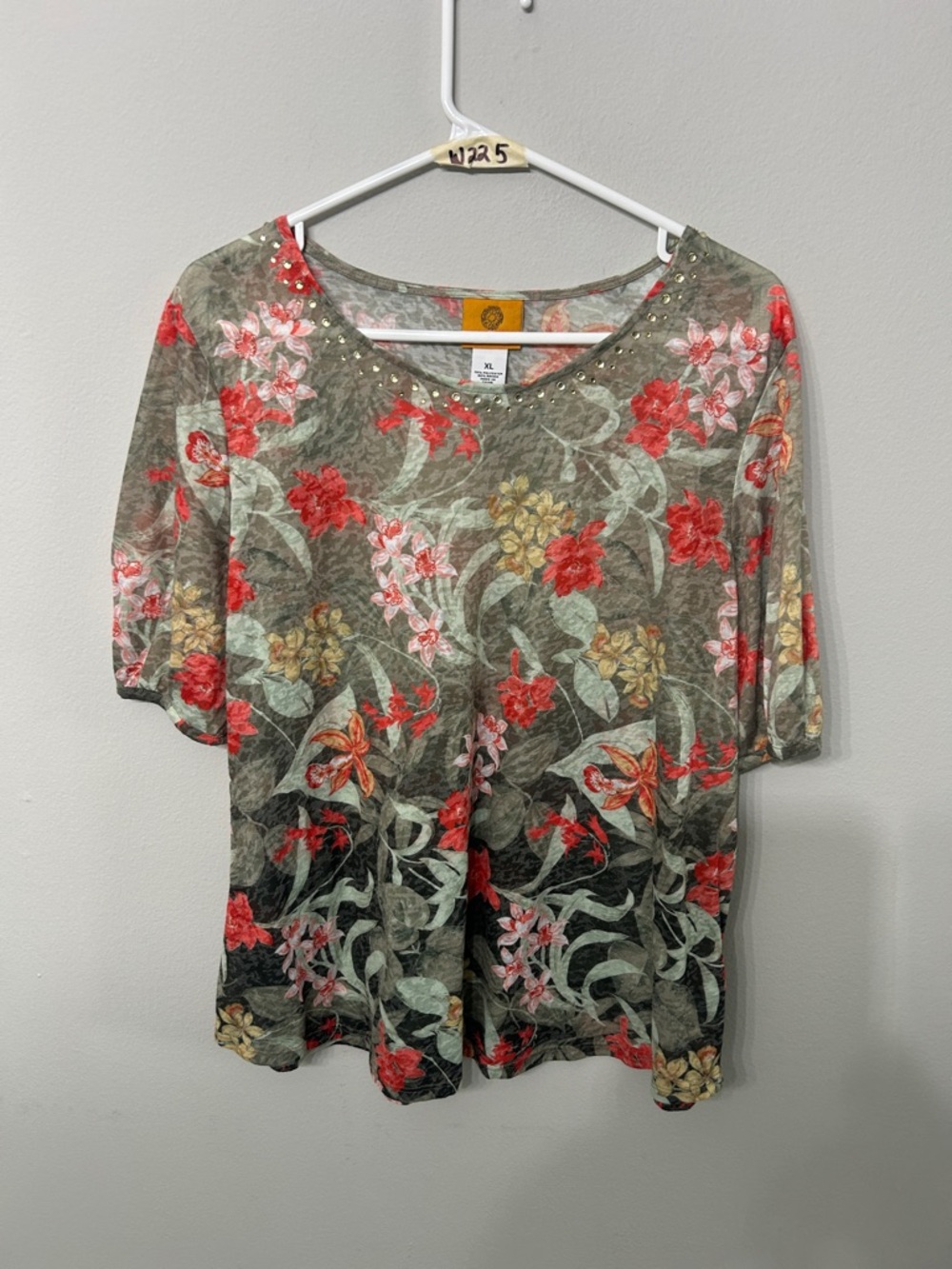 Ruby Rd. Olive Scoop Neck Top with Red Floral Print XL